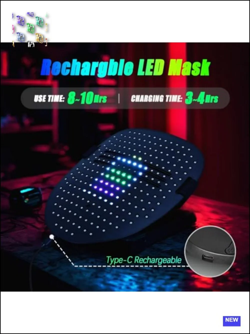 LED Mask with Gesture Sensing, 50 Light Patterns, Rechargeable, Lightweight for